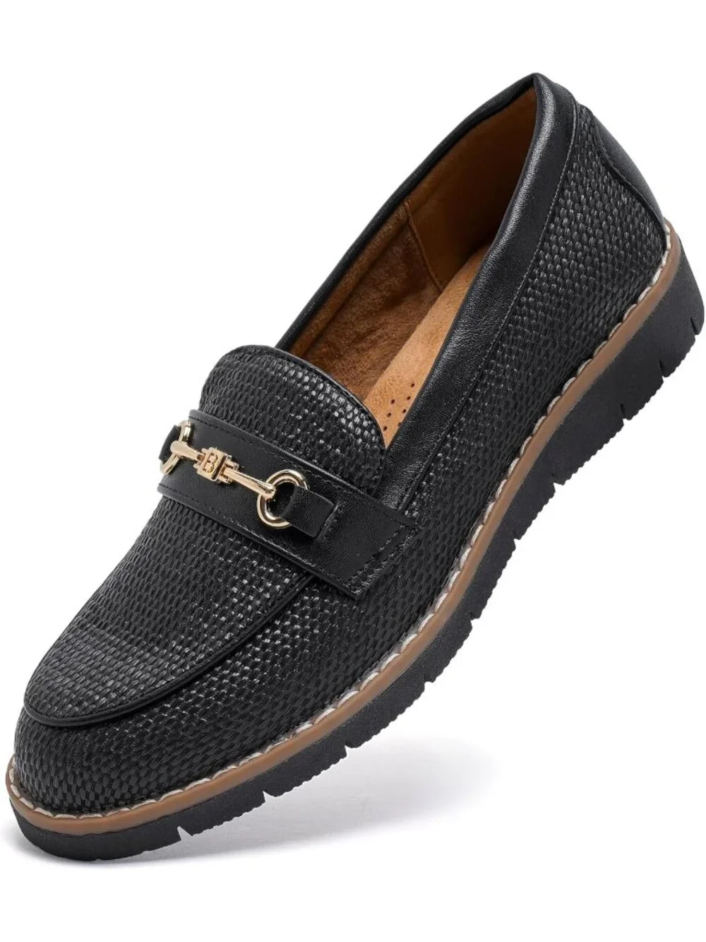 🆕Women's Black Woven Round Toe Platform Chunky Heeled Loafers Business Shoes